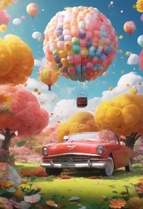 There is a suitcase with a straw hat on top, clouds, atmosphere, leaves, chrysanthemums floating in the air, paper airplanes, (miniature: 1.2), 2.5d illustration, 3d rendering, 3d modeling, bubble matt, trend in behans 3d art, trend in behans 3d art, 3d il...