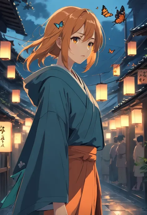 (Ancient Japan:1.2),(Best quality,A high resolution,Masterpiece:1.2),(cinematic Film still from),(Dark atmosphere:1.4),(1girll),(Orange semi-long hair and an 18-year-old girl:1.2),(There is a flock of butterflies around),(Swallowtail butterfly),(up-close),...