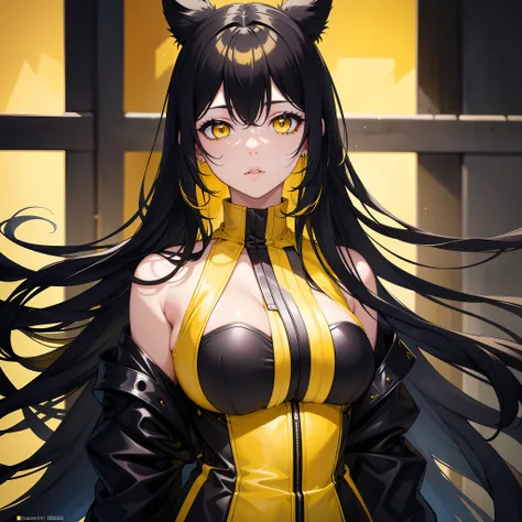 Beautiful girl , ((black and yellow color eyes)), 8k,  realistic, ultra details, (black hair), (yellow color at the ends of the hair)