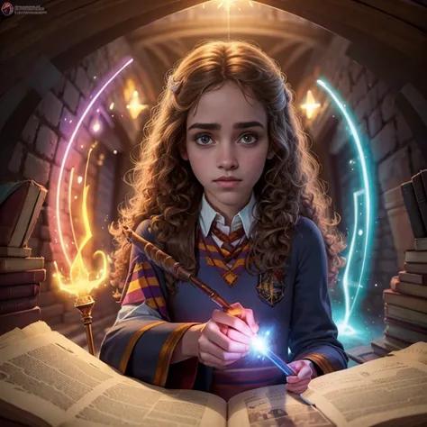 hermione granger, em hogwarts, efeitos de magia, magic wand in hand, espectro do patrono, super detalhado, realista, fantasia