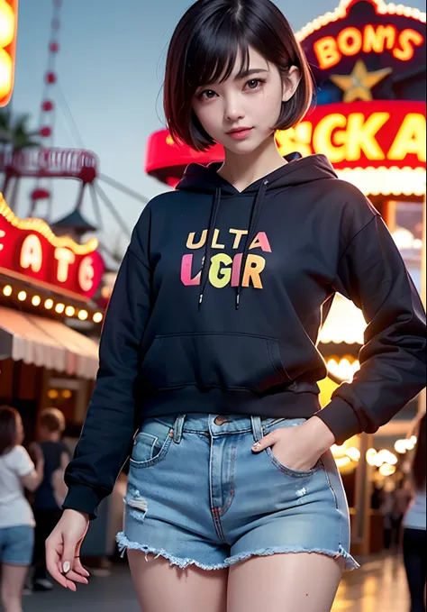 (the perfect body:1.1), ((smallbreast)), (Shorthair:1.8), FULL BODYSHOT, Smiling Woman, ((amusement park)), the Ferris wheel, roller coaster, Horror House, ((Street)), ((big crowd)),  ((Long sleeve hoodie)), ((denim short pants)), (Very detailed CG 8k wall...