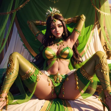 araffe dressed in green and gold sitting on a bed, epic 3 d oshun, qiyana, samira from league of legends, a beautiful fantasy empress, lady palutena, goddess. extremely high detail, ((a beautiful fantasy empress)), deviantart artstation cgscosiety, ornate ...