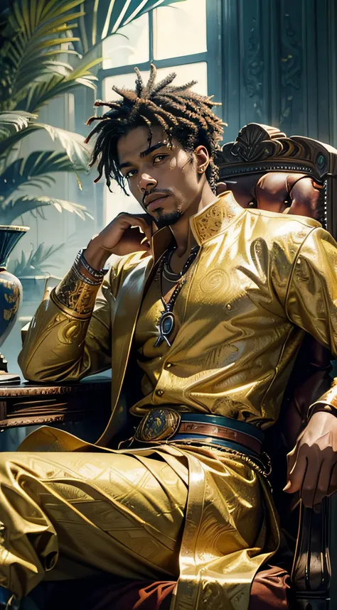 ((Best Quality, 8k, Masterpiece: 1.3)), Rawphoto, Photorealistic portrait of caribbean king sitting on his throne in his younger days, caribbean King, caribbean Warrior, Young Man, cinematic, high detailed, visually stunning, natural-looking