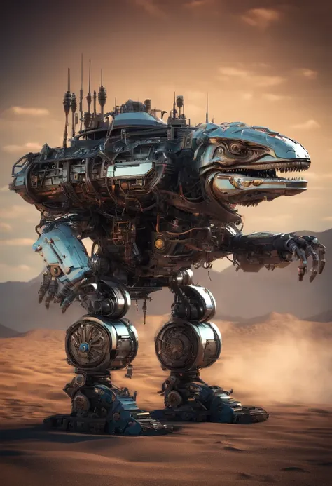 (in a desert:1.3)，(Japanese style，steampunc:1.2)，Front view，Retro，(Dinosaur form:1.3)，large tall，Majesty，High detail，Huge body，Huge teeth，gear wheel，water pump