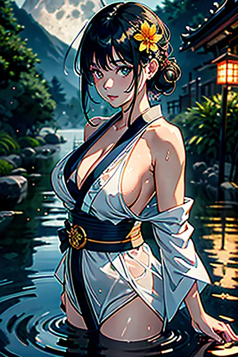 supergirl, breasts, moon, lantern, night, solo, large breasts, hair ornament, wet, kimono, japanese clothes, wading, water, hair flower, flower, outdoors, sky, full moon, rain, black hair, off shoulder, mountain, cloud, holding, sash, bare shoulders, paper...