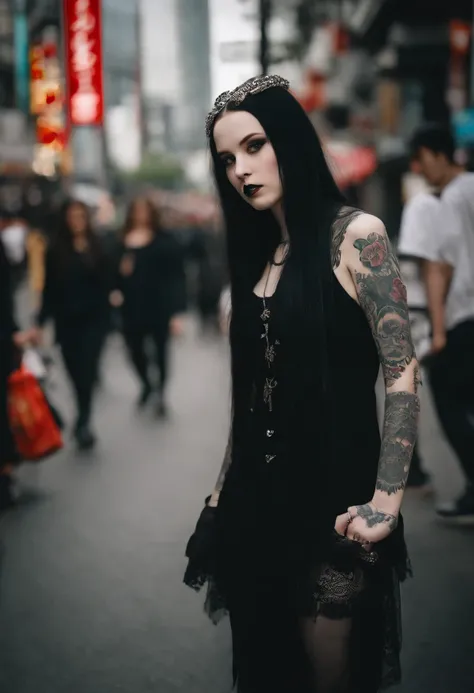 arafed woman with tattoos walking around shibuya in Tokyo, 1 7 - year - old goth girl, pale goth beauty, with long hair and piercing eyes, anna nikonova aka newmilky, with tattoos, inked, 18 years old, goth girl aesthetic, with pale skin, goth girl, 2 4 ye...