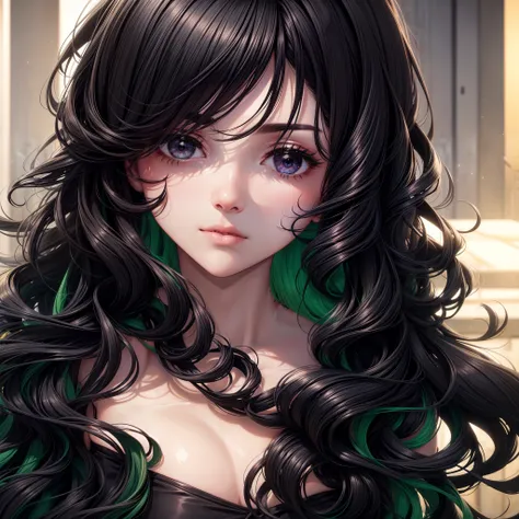 Beautiful girl , ((black color eyes)), 8k,  realistic, ultra details, (black hair), (green color at the ends of the hair), curly hair