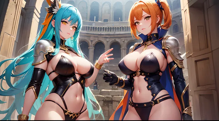 ((Finest quality)),(超A high resolution),(ultra-detailliert),((Best Anime)),sharpnes,Clair,Art with astounding depictions, (Two female gladiators standing side by side), (Blue hair,Yellow eyes,huge tit):1.3, (orange color hair,Red pupils and small breasts):...