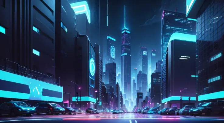 A futuristic landscape version of New York City, jazz feito de luz neon azul em uma rua escura e chuvosa de uma cidade cyberpunk. Ao seu redor, hologramas de notas musicais flutuam e brilham suavemente, cartoon