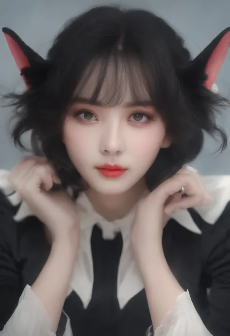 black hair, hair bobbles, wince, longeyelashes, solid circle eyes, fake animal ears, light smile, ear blush, fang, Surrealism, drop shadow, anaglyph, stereogram, tachi-e, pov, atmospheric perspective, 8k, super detail, ccurate, best quality