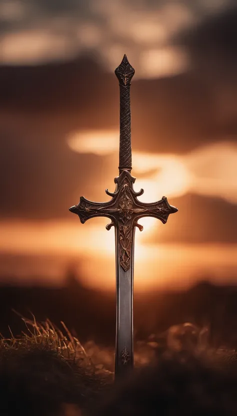 a long knight sword near a cross in a sunset