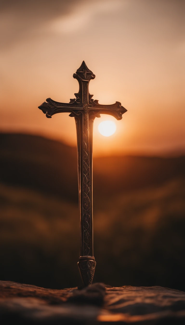 a long knight sword near a cross in a sunset