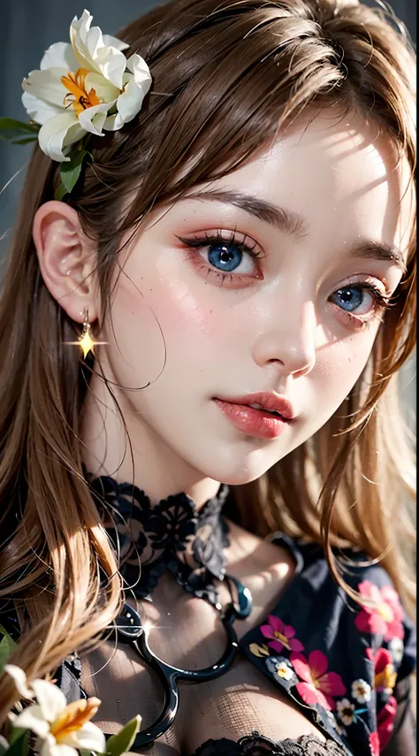 （Detailed eyes,Long eyelashes,Bright and colorful iris,Expressive eyebrows,Blend eyeshadow perfectly,Eyes sparkle,Reflective eyeballs），（Blonde 1。3 Lots of hair1。3 Delicate hair 1。2）,（Clear stockings with floral motifs：1.4，）,Red sexy openwork lace dress，Clo...