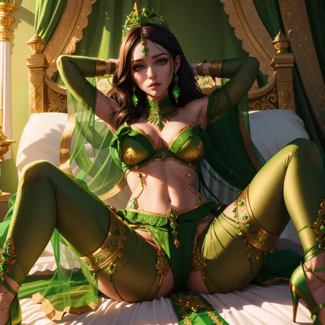 araffe woman in green costume sitting on a bed with a green canopy, samira from league of legends, ornate cosplay, qiyana, extremely detailed artgerm, a beautiful fantasy empress, fantasy style 8 k octane render, epic 3 d oshun, in the style artgerm, devia...