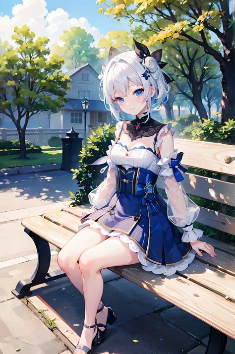 1 girl, short, idol dress, idol, white hair, blue eyes, cute face, smile, blush, outdoor, sitting on a park bench, under tree, looking at viewer, 8k, ray tracing, masterpiece, beautiful environment, Barbara, Genshin Impact, solo, cute