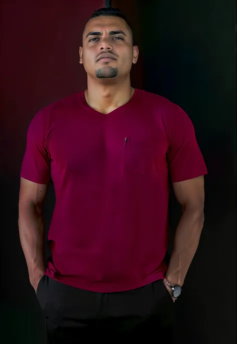 Man in red shirt standing with his hands in his pockets, vermelho marrom, camiseta vermelha, restolho leve com camisa vermelha, camisa vermelha, vestindo uma camiseta, Gradiente marrom, standing with a black background, com um fundo escuro preto, mangas cu...