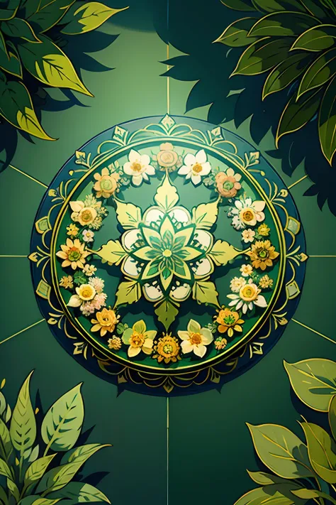 A round ornamental mandala made of green vegetation, plants, flowers and vines.