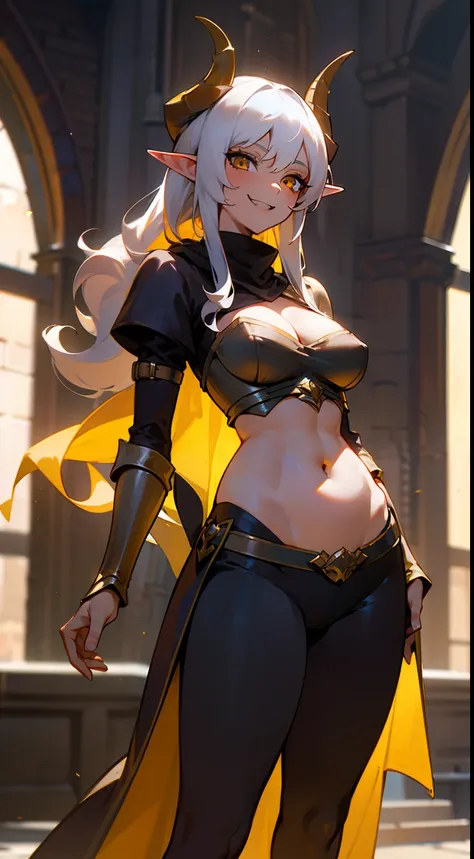 girl,brown skin, hidden arms,long hair, white hair,curly hair, detailed pretty eyes, yellow eyes,(((villain, psycho,  villain smile, psychopath, ))), medium boobs, mid waist,show belly, medium thighs, gold armor outfit, long black stockings, detailed cloth...