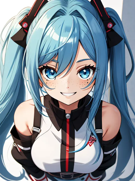 blue hair,long hair,twin tail hair,Masterpiece, best quality, {best quality}, {{masterpiece}}, {highres}, focus, anime style, girl design, portrait, anime image, blue eyes,happy, polished and powerful look, exotic,freckles, smiling, full body