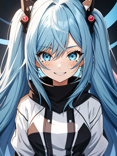 blue hair,long hair,twin tail hair,Masterpiece, best quality, {best quality}, {{masterpiece}}, {highres}, focus, anime style, girl design, portrait, anime image, blue eyes,happy, polished and powerful look, exotic,freckles, smiling, full body