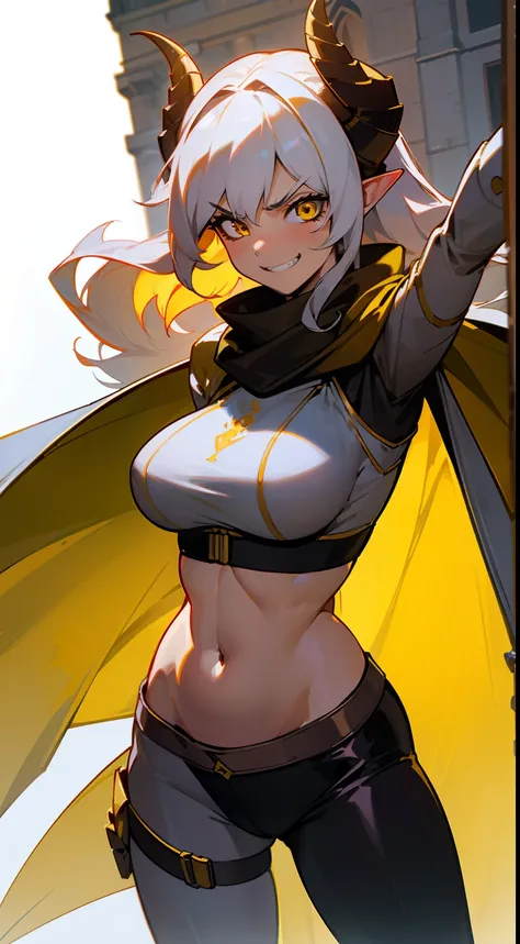 girl,brown skin, hidden arms,long hair, white hair,curly hair,yellow eyes,(((villain,psycho,villain smile, psychopath, angry))), medium boobs, mid waist,show belly, white top,gold armor outfit, long black stockings, detailed clothes, masterpiece, hyper rea...