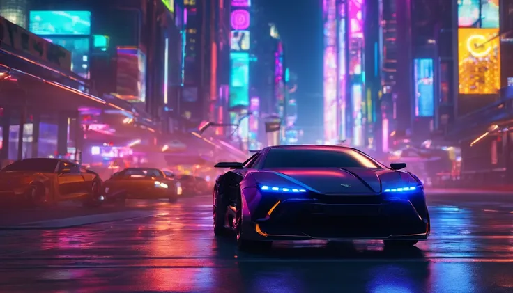 A sleek and beautiful Black sports car is parked in the middle of the road, skyscrapers in the background, wide body car, prominent high rear wing, prominent quad tip exhaust, large wheels, glowing purple wheel rims, a man in an open jacket leans against t...