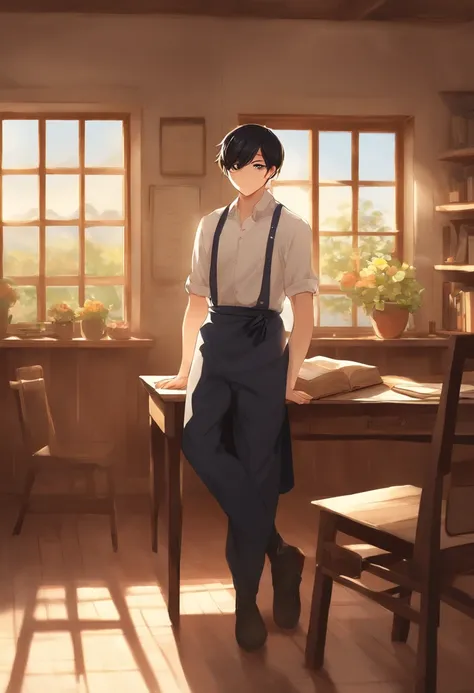 (best quality:1.0),(super high resolution:1.0),anime boy,short black hair,blue eyes,white apron,black pants,sleeping on a stool,in a classroom setting,traditional manga style,soft and warm color palette,dimmed lighting,peaceful atmosphere,books and noteboo...