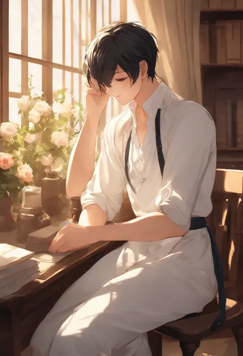 (best quality:1.0),(super high resolution:1.0),anime boy,short black hair,blue eyes,white apron,black pants,sleeping on a stool,in a classroom setting,traditional manga style,soft and warm color palette,dimmed lighting,peaceful atmosphere,books and noteboo...