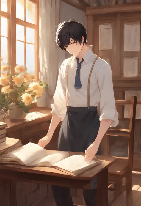 (best quality:1.0),(super high resolution:1.0),anime boy,short black hair,blue eyes,white apron,black pants,sleeping on a stool,in a classroom setting,traditional manga style,soft and warm color palette,dimmed lighting,peaceful atmosphere,books and noteboo...