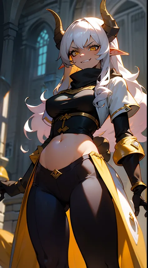 girl,brown skin, hidden arms,long hair, white hair,curly hair,yellow eyes,(((villain,psycho,villain smile, psychopath, angry))), medium boobs, mid waist,show belly, white top,gold armor outfit, long black stockings, detailed clothes, masterpiece, hyper rea...