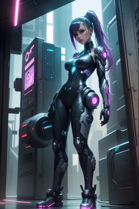 garota cyberpunk, cybernate, many cybernetic in the body, arms and legs, too much cinematic detail