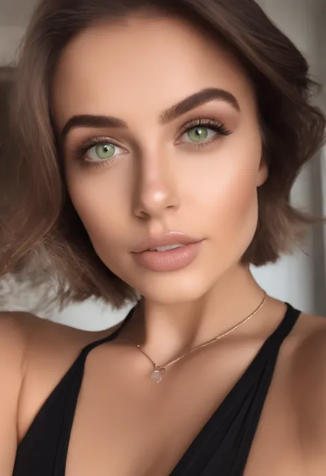 arafed woman with a white tank top and a necklace, sexy girl with green eyes, portrait sophie mudd, brown hair and large eyes, selfie of a young woman, bedroom eyes, violet myers, without makeup, natural makeup, looking directly at the camera, face with ar...