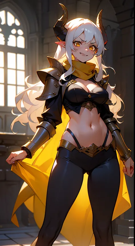 girl,brown skin, hidden arms,long hair, white hair,curly hair,yellow eyes,(((villain,psycho,villain smile, psychopath, angry))), medium boobs, mid waist,show belly,,gold armor outfit, long black stockings, detailed clothes, masterpiece, hyper realistic, hi...