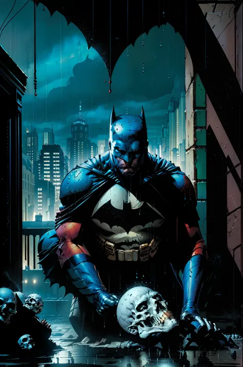 Batman no holocausto, tempestade, rain and blue and white rays crossing the sky of Gotham , blood on the floor and walls with human skeletons surging from the floor of the streets of Gotham , olhar focado , melhor qualidade , best resolution , obra prima ,...