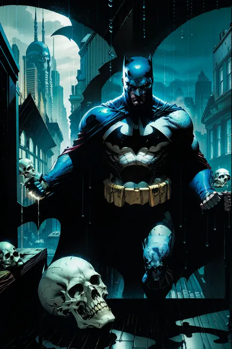 Batman facing the holocaust and holding hm human skull in hma dechis hands , tempestade, rain and blue and white rays crossing the sky of Gotham , blood on the floor and walls with human skeletons surging from the floor of the streets of Gotham , olhar foc...