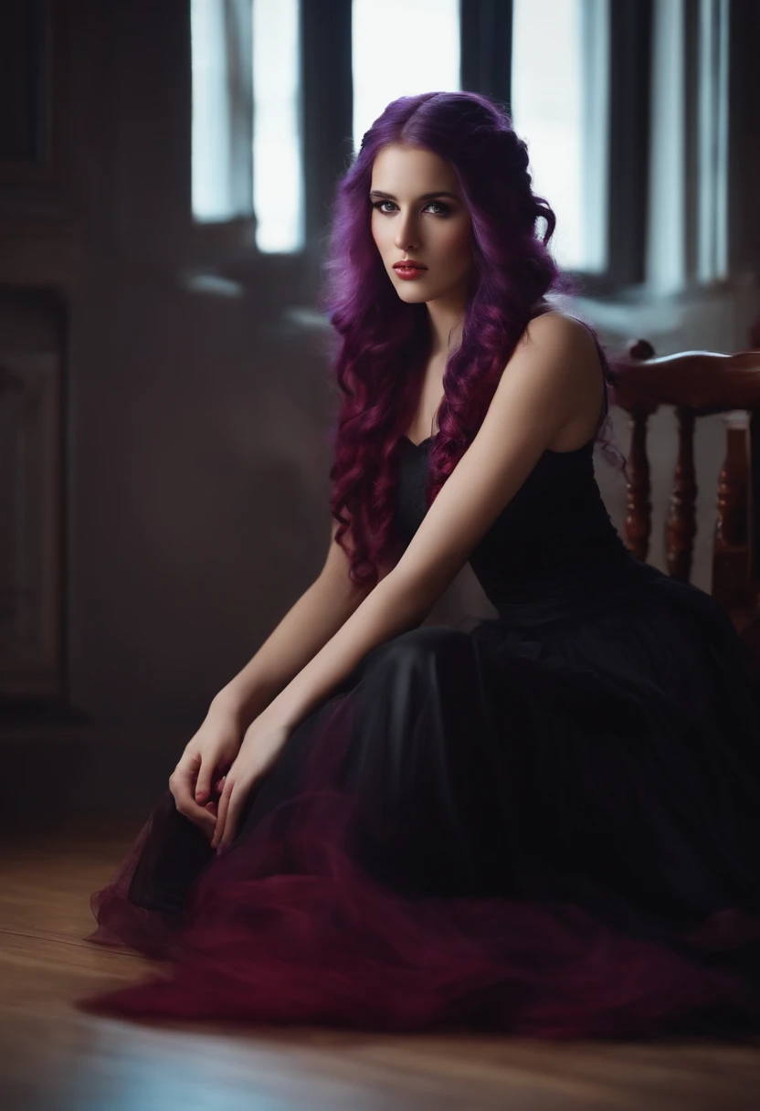 lonely girl, long braided hair, curly purple hair, light purple hair, beautiful bright red eyes, black dress, sitting on the floor, at home, provocative face,