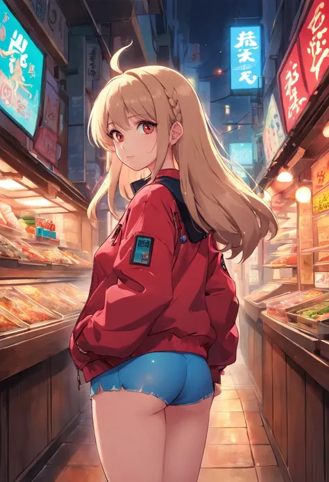 (best quality, masterpiece), 1girl, holo jacket, cyberpunk, neon, fog, (cartoon: 1.5), sexy, thong, big chest, tight, small, neon signs, ramen shop, fishnet very low, transparent, very long hair, from the back, ass, bubble butt, red skin, cute, devil