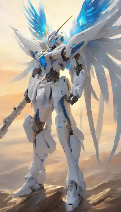 Arafat model of a white-and-blue robot with wings, Mech Wings, Gundam Wings Armor, Armor angle with wing, Gundam, Weitwinkel-Engelsschuss, Size, white, glowing wings, Hoher Engel Fernschuss, GUNPLA, Super breiter Engel, Nahaufnahme Winkel, Wingspan, with w...