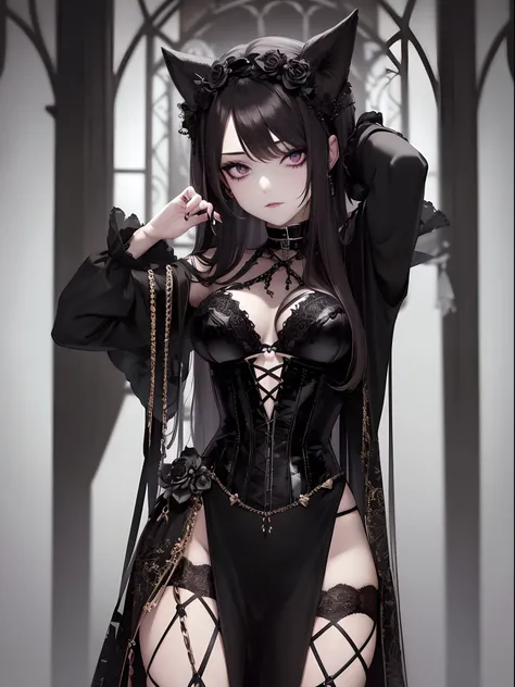 highres, ultra detailed, (1 young beautiful girl, solo:1.1),gothic style, dark clothing, black lace, corsets, velvet, chokers, dramatic makeup, brooding accessories, mysterious aura