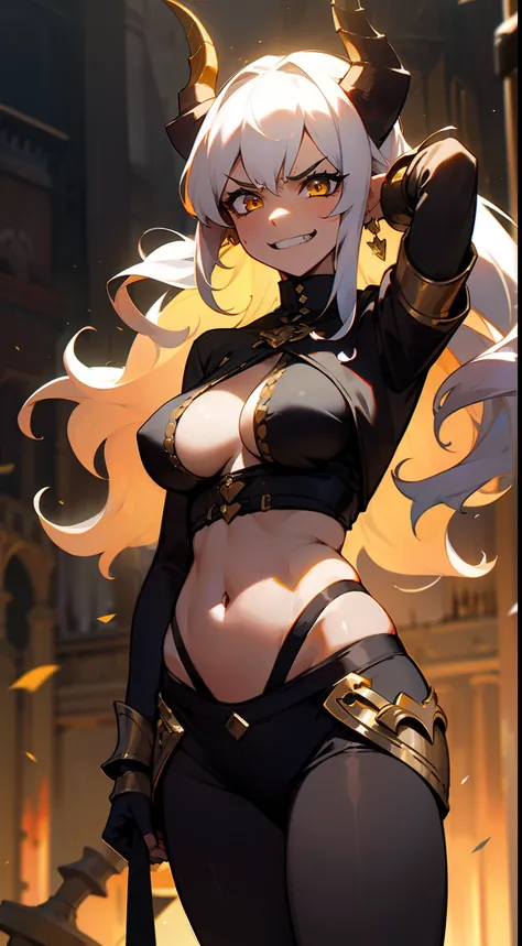 girl,brown skin, hidden arms,long hair, white hair,curly hair,yellow eyes,(((villain,psycho,villain smile, psychopath, angry))), medium boobs,show belly,,gold armor outfit, black small shirt,long black stockings, detailed clothes, masterpiece, hyper realis...