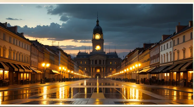 Oil painting of sunset in a European city from the 1940s, with beautiful neoclassical and French buildings, pocas personas, La tarde es lluviosa y se pueden ver los reflejos de personas y rostros en el pavimento, Elegant atmosphere, Muchos detalles, Render...