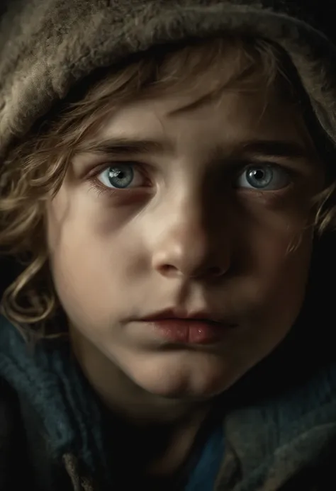 (((Best quality))), High detail, profondeur de champ, Foyer: 1.2, 10-year-old post-apocalyptic boy, tired eyes, Yeux fins, Grands yeux, pyjama, Hair is neglected and matted, La peau est clair, Chambre sombre avec une long couloir derrier, The detailed face...