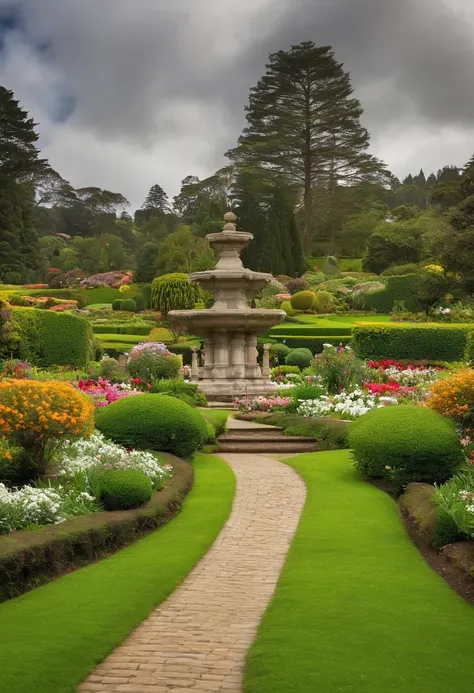 There is a green lawn with a gate and flowers in the middle, jardim exuberante no fundo, com um gramado exuberante, Gramado exuberante, paisagem do jardim, Jardim bonito no fundo, ambiente do jardim, exuberante jardim arredores, pastoral backyard setting, ...