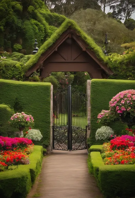 There is a green lawn with a gate and flowers in the middle, jardim exuberante no fundo, com um gramado exuberante, Gramado exuberante, paisagem do jardim, Jardim bonito no fundo, ambiente do jardim, exuberante jardim arredores, pastoral backyard setting, ...