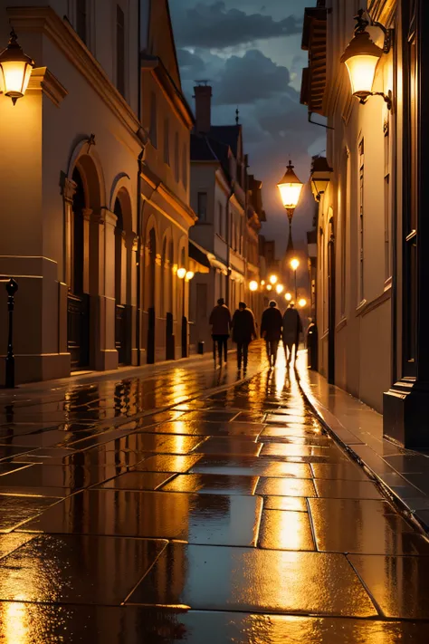 Oil painting of sunset in a European city from the 1940s, with beautiful neoclassical and French buildings, La tarde es lluviosa y se pueden ver los reflejos de personas en el pavimento, Elegant atmosphere, muchos detalles, Render Lumion 8K, Renderizar la ...