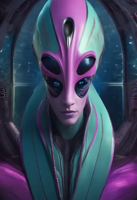 A blue alien with an elongated head of light, Eyes, big nose, small, slender body enter a starship wearing a realistic futuristic alien costume, a hyper-detailed alien, pink and purple and alien, alien looking, space alien Ete-Grey , Portrait of a large al...