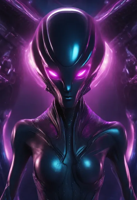 A blue alien with an elongated head of light, Eyes, big nose, small, slender body enter a starship wearing a realistic futuristic alien costume, a hyper-detailed alien, pink and purple and alien, alien looking, space alien Ete-Grey , Portrait of a large al...