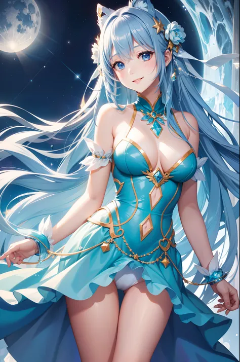 Pretty girl、A charming smile、Blue Long Hair、Engaging pose、Blue and white costume、Fantasia、Crystal jade、constellation、a moon、Fantastic background