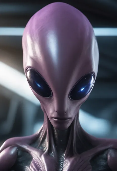 A blue alien with an elongated head of light, Eyes, big nose, small, slender body enter a starship wearing a realistic futuristic alien costume, a hyper-detailed alien, pink and purple and alien, alien looking, space alien Ete-Grey , Portrait of a large al...