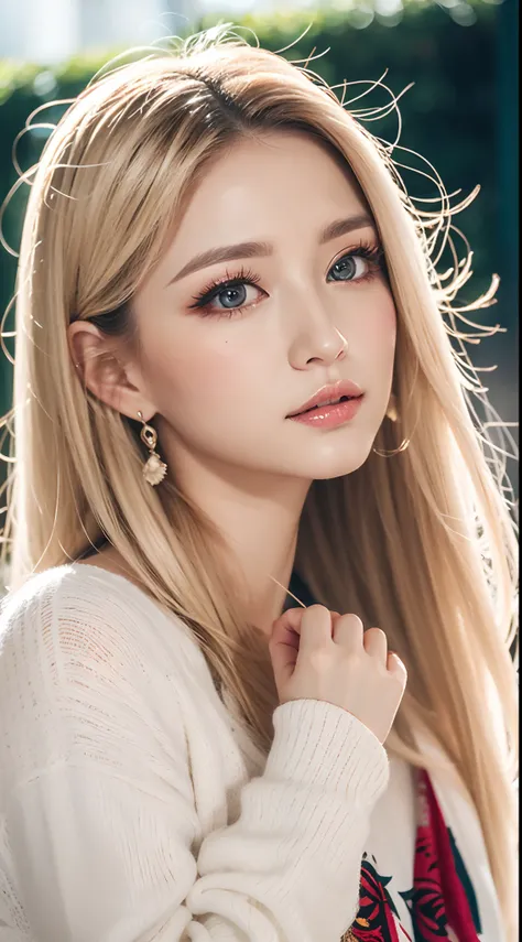 （Detailed eyes,Long eyelashes,Bright and colorful iris,Expressive eyebrows,Blend eyeshadow perfectly,Eyes sparkle,Reflective eyeballs），（Blonde 1。3 Lots of hair1。3 Delicate hair 1。2）,（Clear stockings with floral motifs：1.4，），Close-up shot